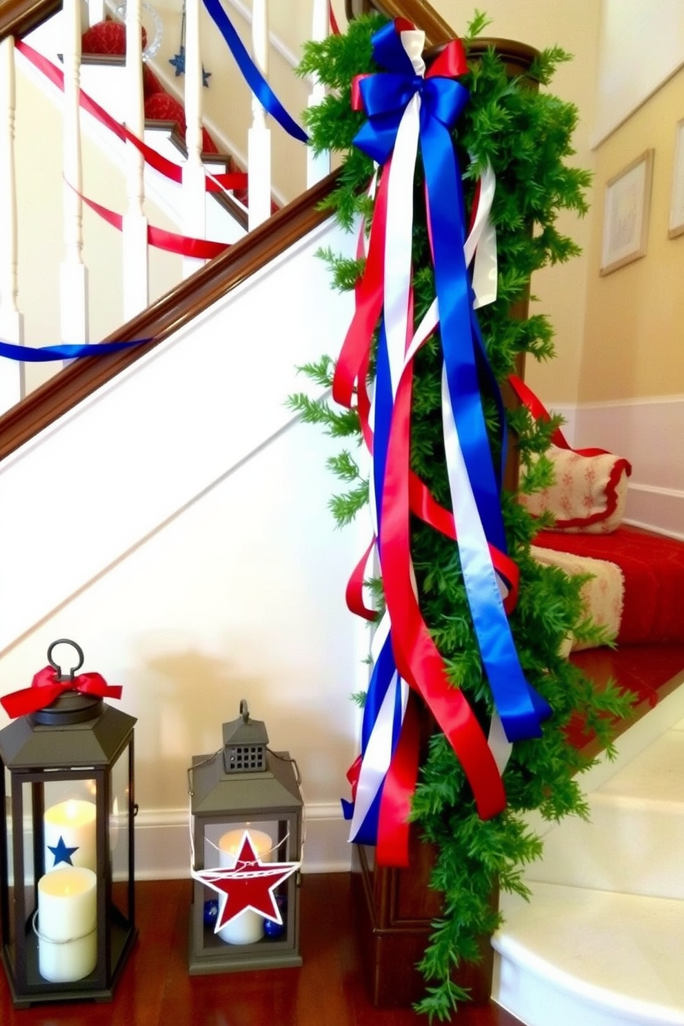 A festive staircase adorned with red white and blue ribbon accents creates a vibrant celebration of Independence Day. The ribbons are elegantly draped along the banister and intertwined with fresh greenery for a patriotic touch. At the base of the staircase, a decorative arrangement of stars and stripes themed decor enhances the festive atmosphere. Lanterns with flickering candles are placed on the steps to add a warm glow to the holiday decor.