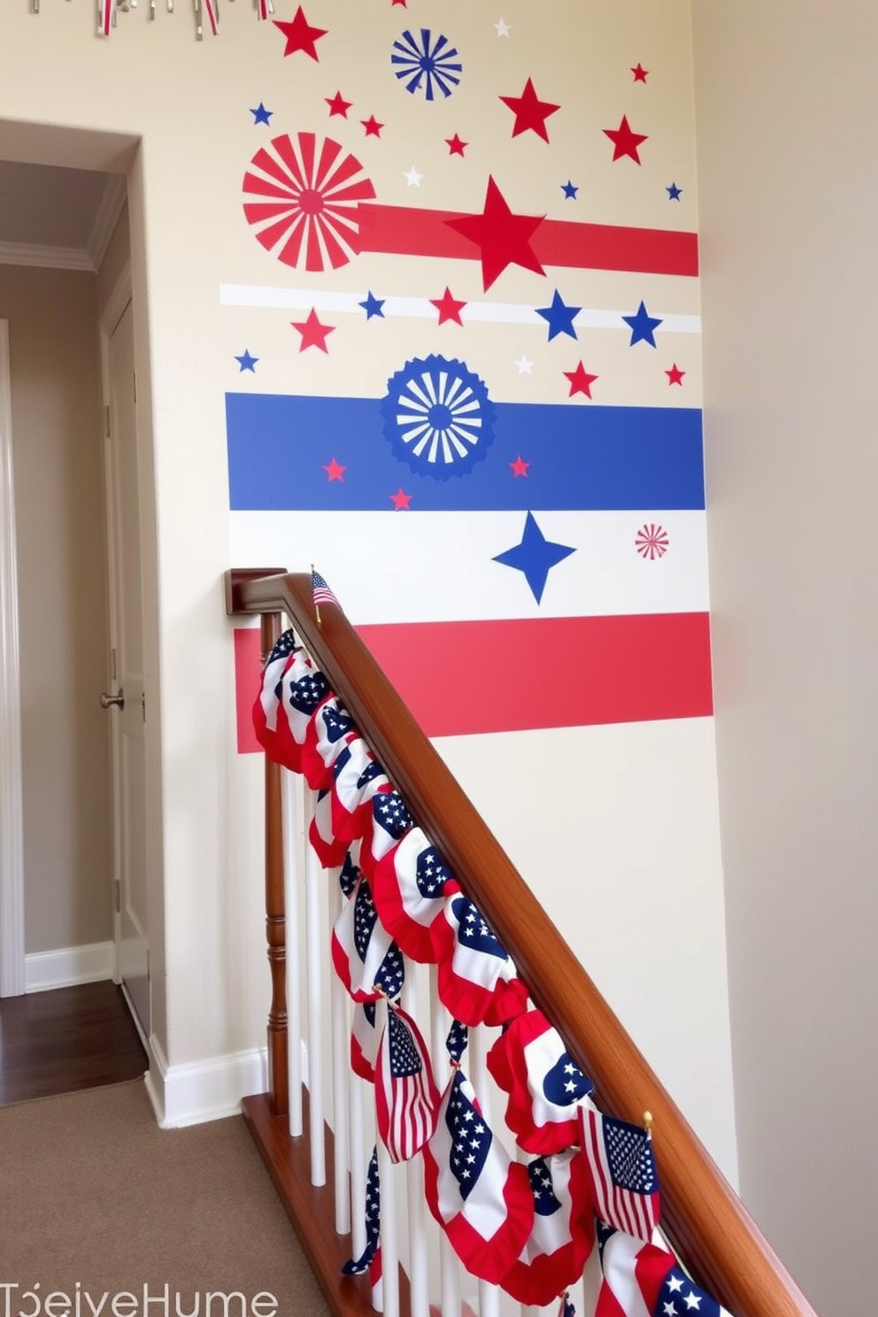 A vibrant Independence Day themed wall features an array of red white and blue decals including stars and stripes. The decals create a festive atmosphere perfect for celebrating the holiday. The staircase is adorned with patriotic decorations such as garlands of red white and blue bunting draped along the railing. Small American flags are placed strategically on each step adding a touch of festive charm.