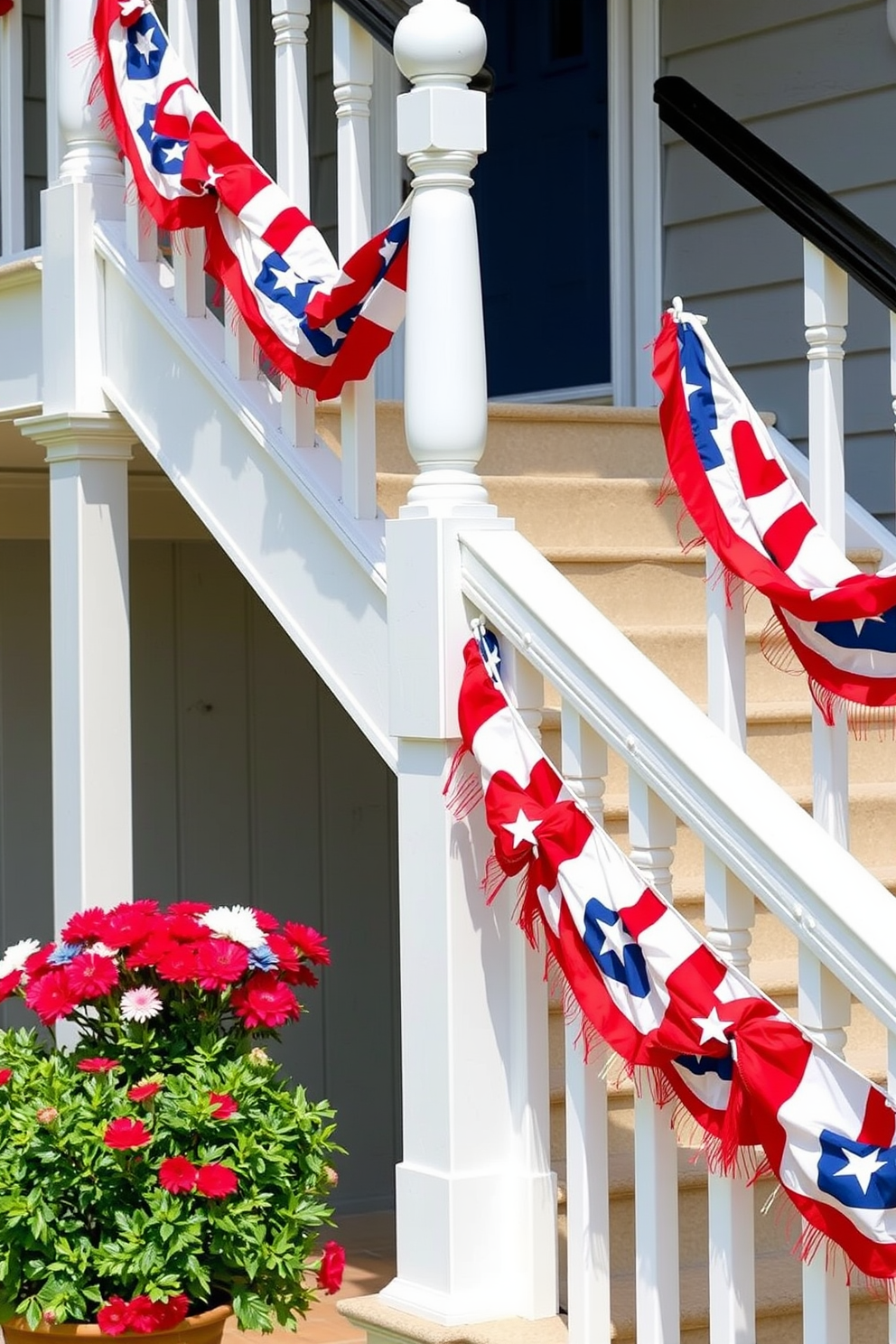 A festive staircase adorned with red white and blue stars and stripes banners cascading down the railing. The banners flutter gently in the breeze creating a patriotic atmosphere perfect for Independence Day celebrations.