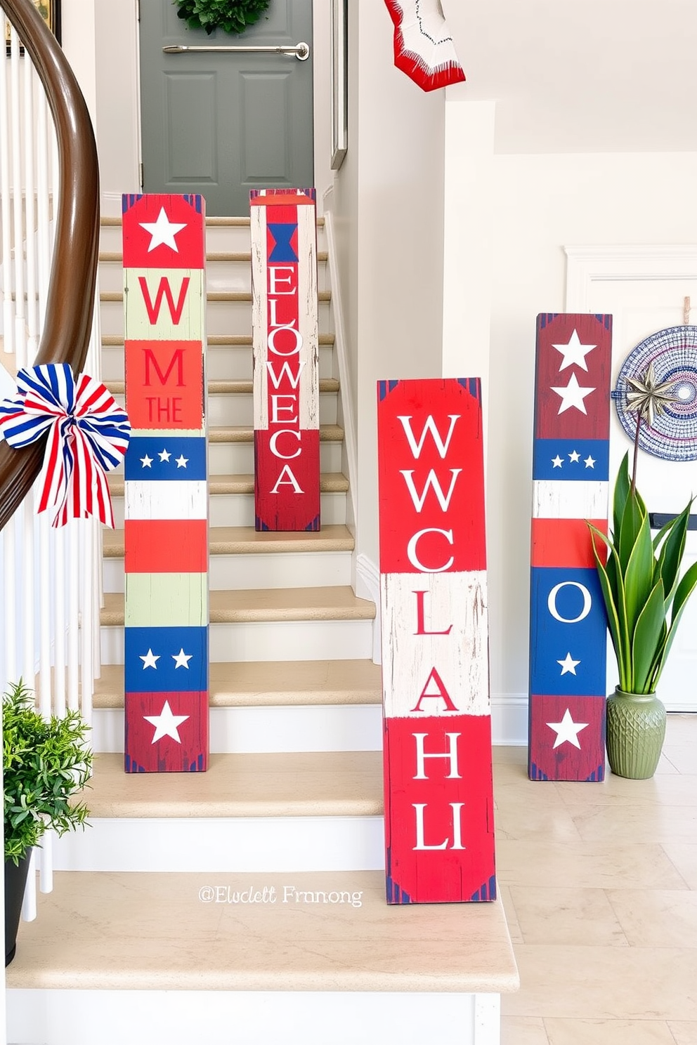 Festive signs in vibrant red white and blue colors line the staircase creating a welcoming atmosphere. Each sign features patriotic symbols such as stars and stripes adding a celebratory touch to the Independence Day decor.