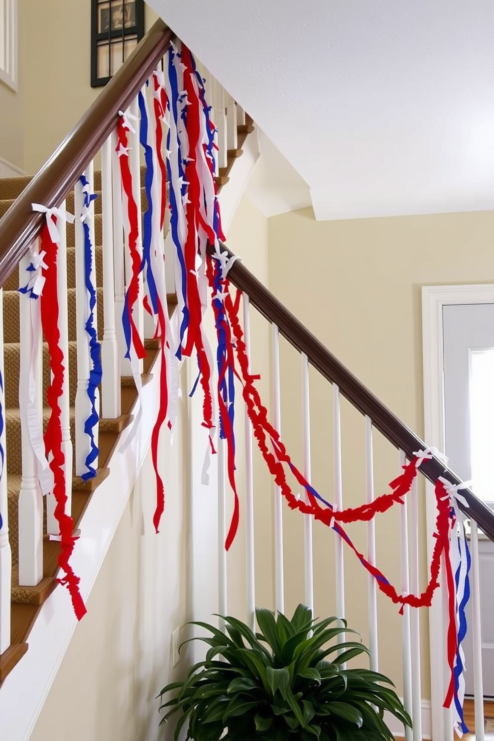 A festive staircase adorned with hanging red white and blue streamers creates a vibrant atmosphere for Independence Day celebrations. The streamers cascade elegantly from the banister, adding a patriotic touch to the home’s entrance.