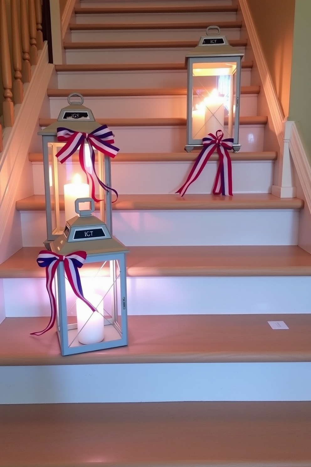 Decorative lanterns are placed on the steps leading up the staircase, each filled with flickering candles that create a warm and inviting glow. The lanterns are adorned with red, white, and blue ribbons, celebrating Independence Day while enhancing the festive atmosphere of the home.