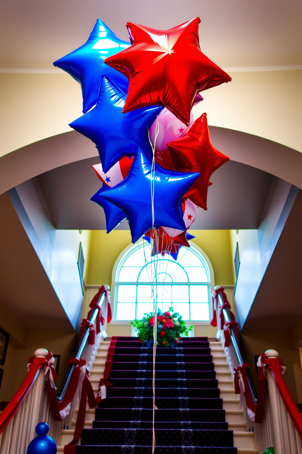 Star shaped balloons float gracefully above a beautifully decorated staircase. The vibrant red, white, and blue colors create a festive atmosphere perfect for Independence Day celebrations.