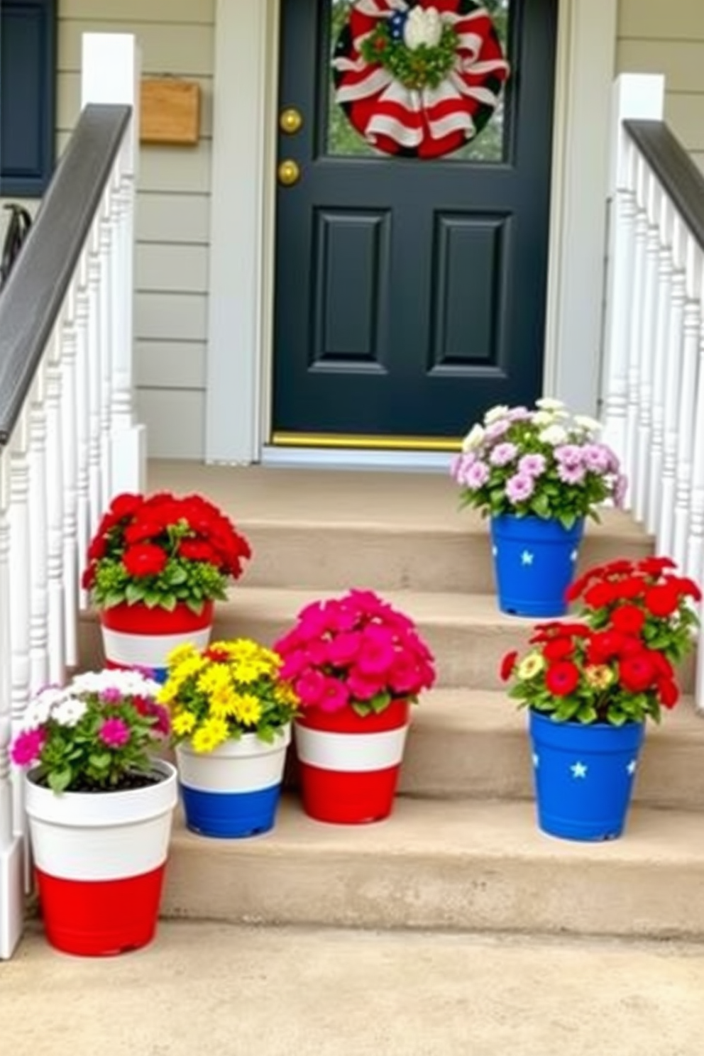 Red white and blue painted flower pots adorn the staircase, celebrating Independence Day with a festive touch. Each pot is filled with vibrant flowers, creating a cheerful and patriotic display that enhances the home's entrance.