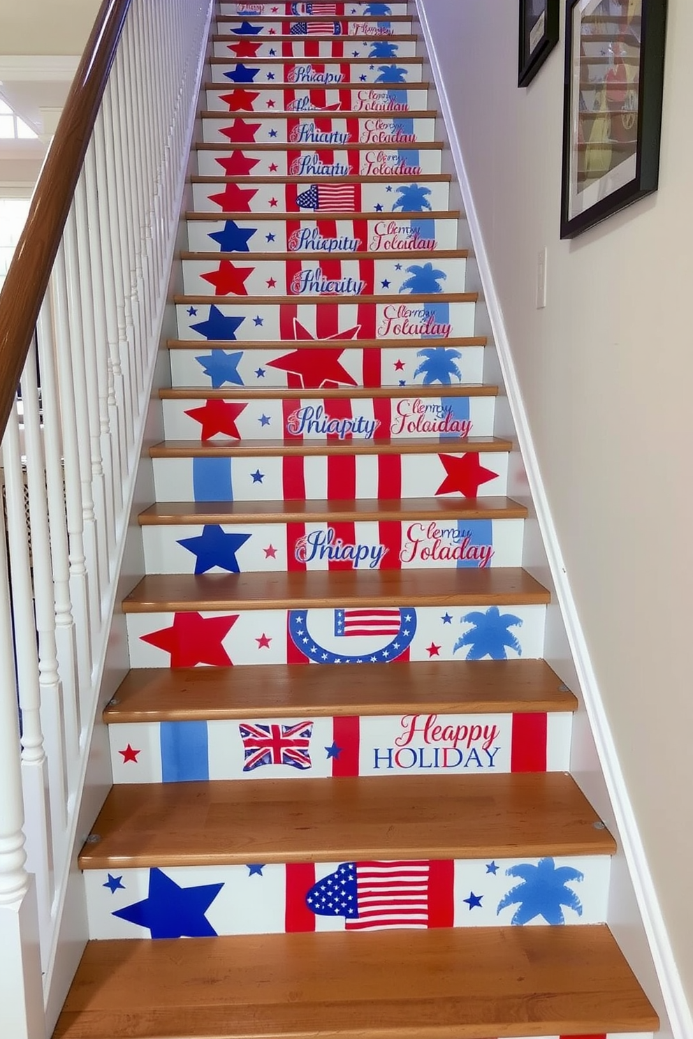 Independence Day themed artwork adorns the staircase steps, featuring vibrant red, white, and blue colors that celebrate the holiday spirit. Each step showcases a different design, including stars, stripes, and patriotic quotes, creating a festive atmosphere throughout the home.