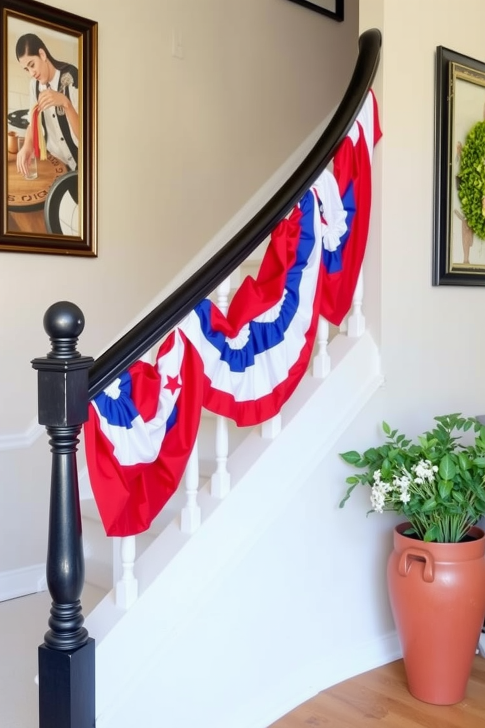 A charming staircase adorned with festive bunting in red white and blue colors. The bunting gracefully drapes along the railing creating a celebratory atmosphere for Independence Day.