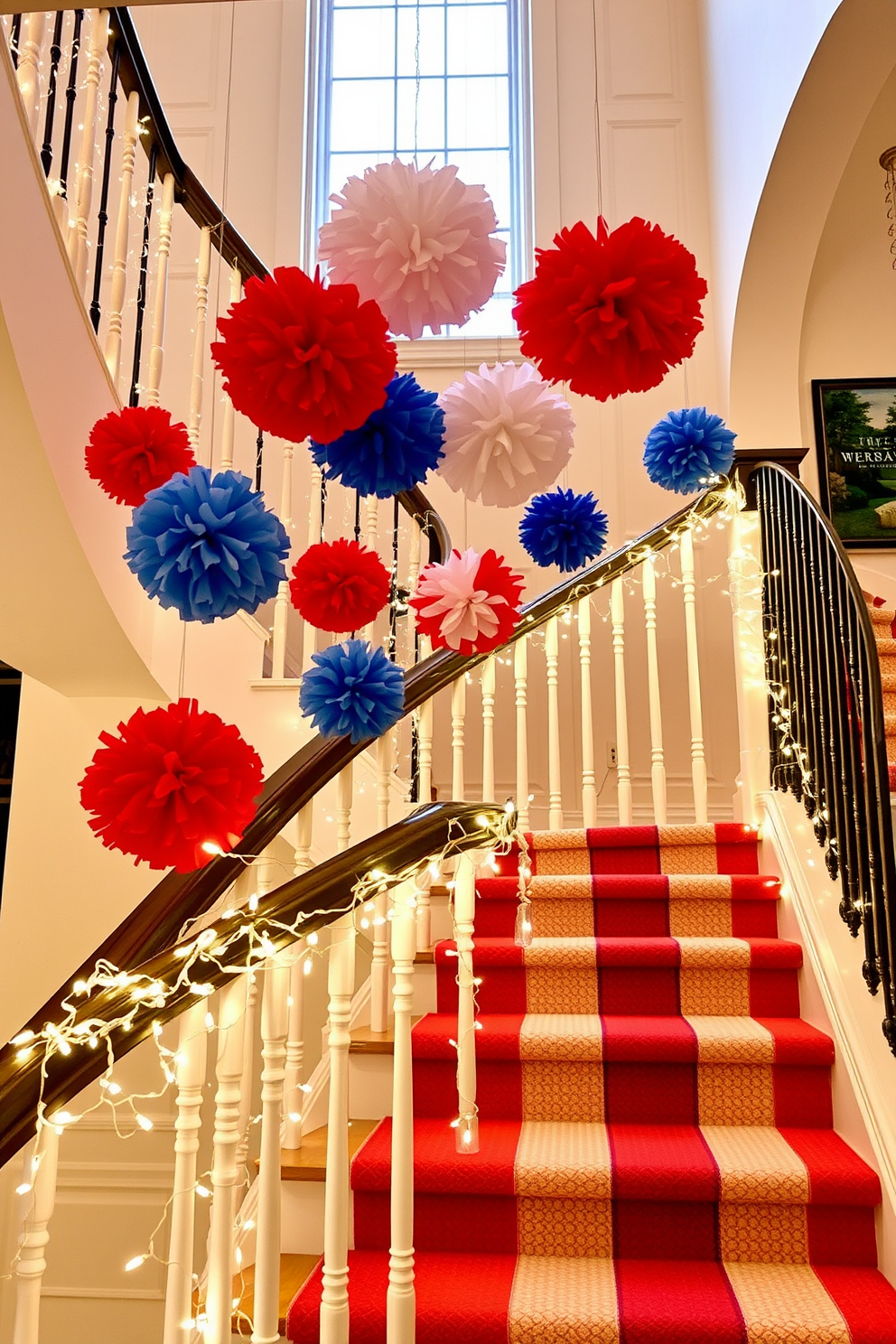 Colorful pom poms in red white and blue hang from the railing of a grand staircase creating a festive atmosphere for Independence Day celebrations. The staircase is adorned with twinkling fairy lights that complement the vibrant pom poms adding a cheerful touch to the decor.