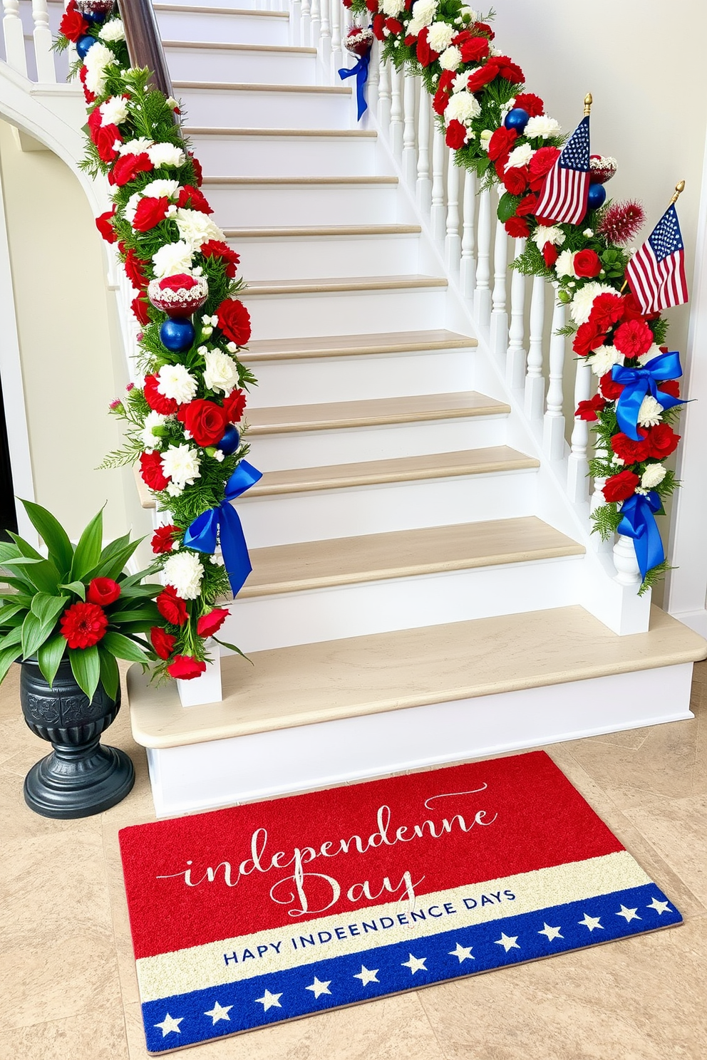 A patriotic themed welcome mat is placed at the base of a beautifully decorated staircase. The mat features vibrant red, white, and blue colors with stars and stripes, welcoming guests with a festive touch for Independence Day. The staircase is adorned with elegant garlands of red and white flowers intertwined with blue ribbons. Small American flags are strategically placed along the railing, creating a cheerful and celebratory atmosphere.