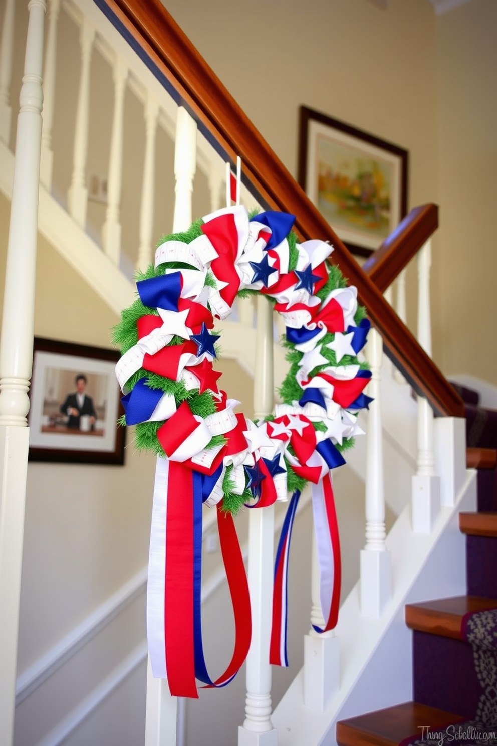 A patriotic wreath is elegantly displayed on the staircase railing, adorned with red white and blue ribbons and stars. The wreath complements the festive atmosphere of Independence Day, enhancing the charm of the staircase with its vibrant colors and seasonal flair.