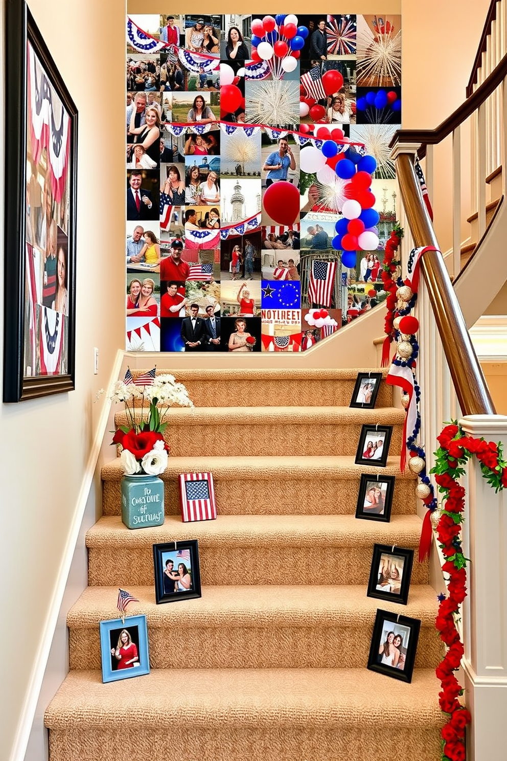 Creative photo collage of past celebrations featuring vibrant decorations and festive themes. The collage includes images of red white and blue banners balloons and fireworks enhancing the staircase ambiance. Staircase decorated with patriotic elements such as garlands and themed centerpieces. Each step is adorned with small flags and photo frames showcasing memorable moments from Independence Day celebrations.