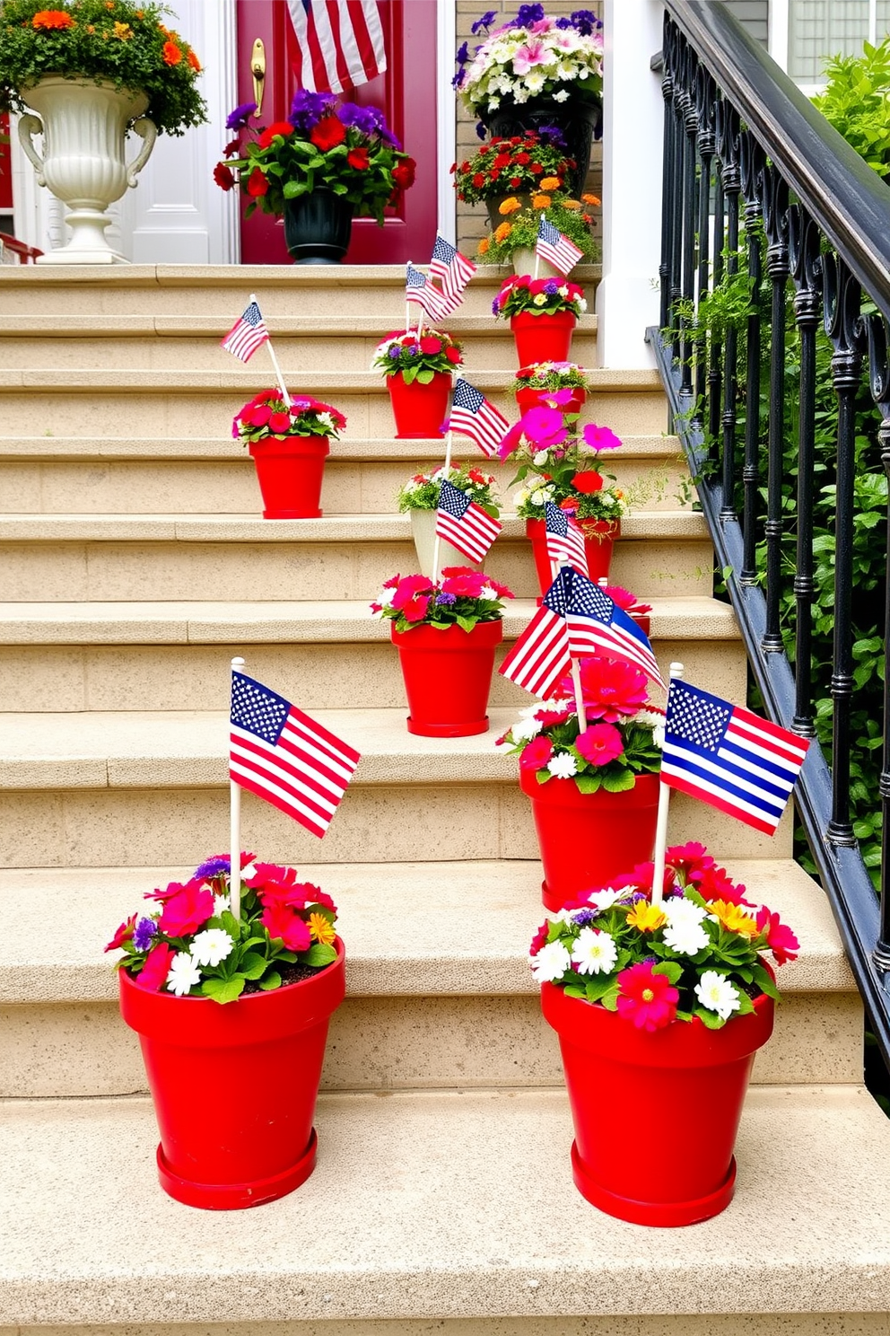 Mini flags in colorful flower pots are arranged along the steps of a beautifully decorated staircase. Each pot features vibrant blooms that complement the festive theme of Independence Day, creating a cheerful and patriotic atmosphere.