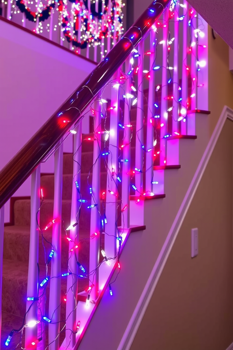 A festive staircase adorned with twinkling fairy lights in red, white, and blue. The lights cascade elegantly along the railing, creating a vibrant display that celebrates Independence Day.