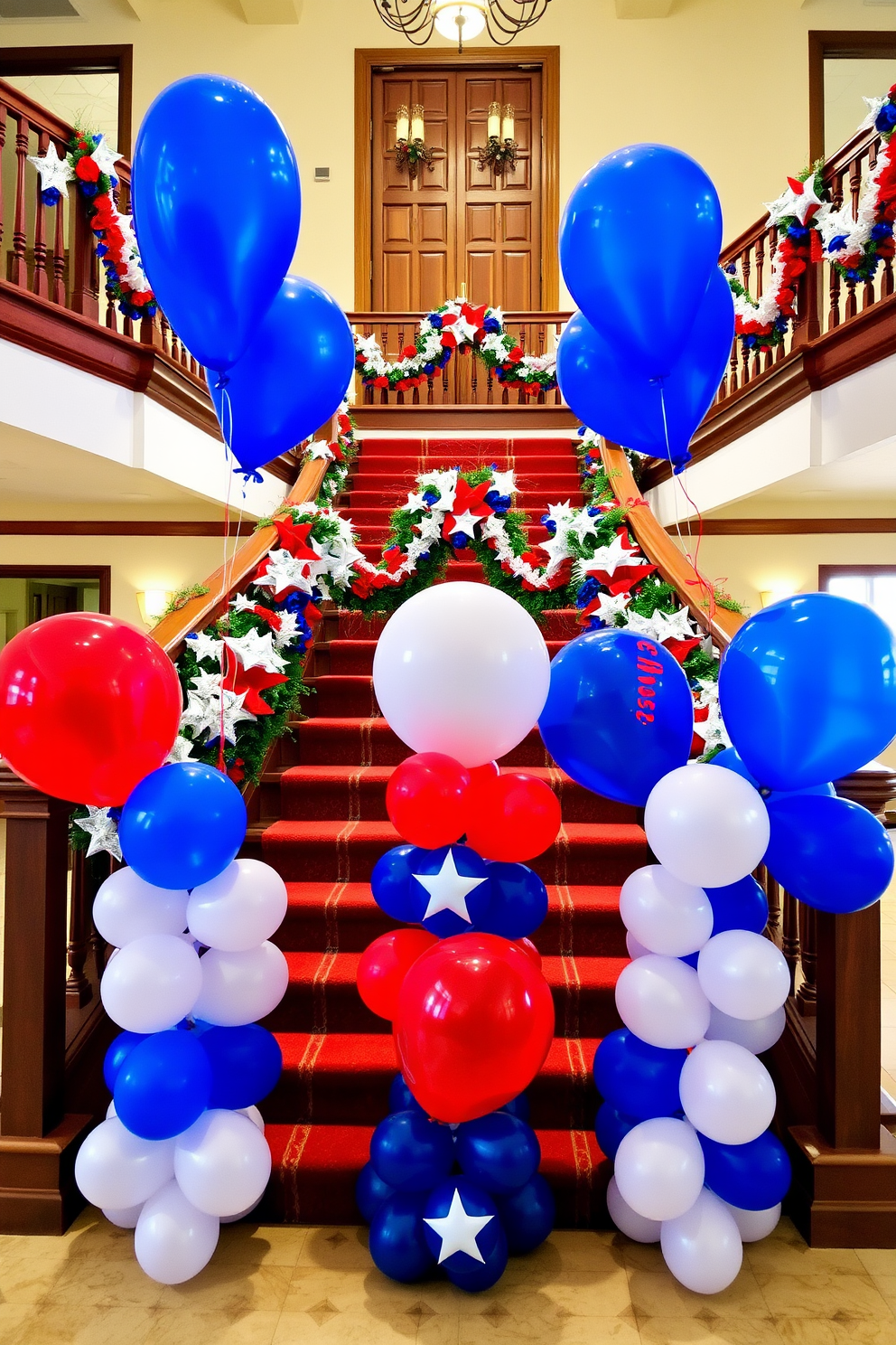 Large patriotic balloons are arranged at the base of a grand staircase adorned with red white and blue decorations. The staircase features a beautiful wooden railing and is complemented by festive garlands that enhance the celebratory atmosphere.