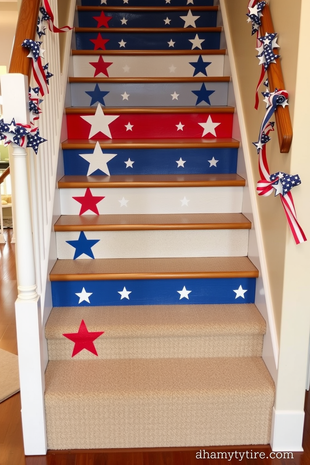 A festive staircase adorned with DIY painted stars on the risers. Each riser features a unique design in red, white, and blue, celebrating Independence Day.