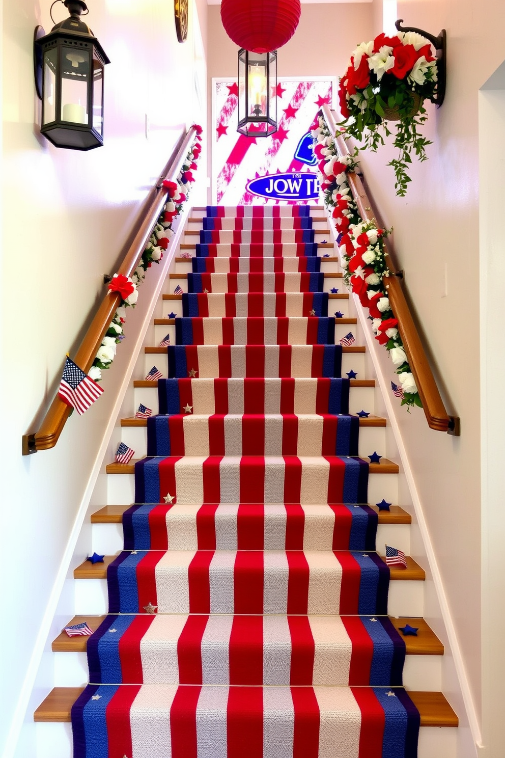 A vibrant staircase runner adorned with red white and blue stripes creates a festive atmosphere for Independence Day. The runner is complemented by decorative elements such as small American flags and stars scattered along the steps. The staircase is lined with garlands of red white and blue flowers adding a touch of elegance to the celebration. Hanging lanterns in patriotic colors provide a warm glow as they illuminate the staircase leading to the festivities above.