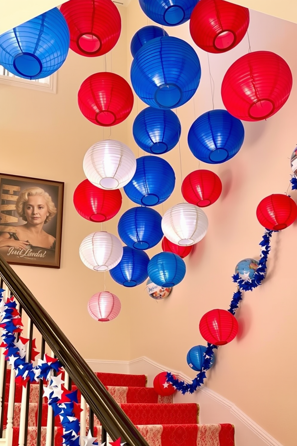 A festive staircase adorned with hanging paper lanterns in red, white, and blue creates a vibrant celebration of Independence Day. The lanterns are strategically placed at varying heights, adding depth and a playful touch to the staircase design.