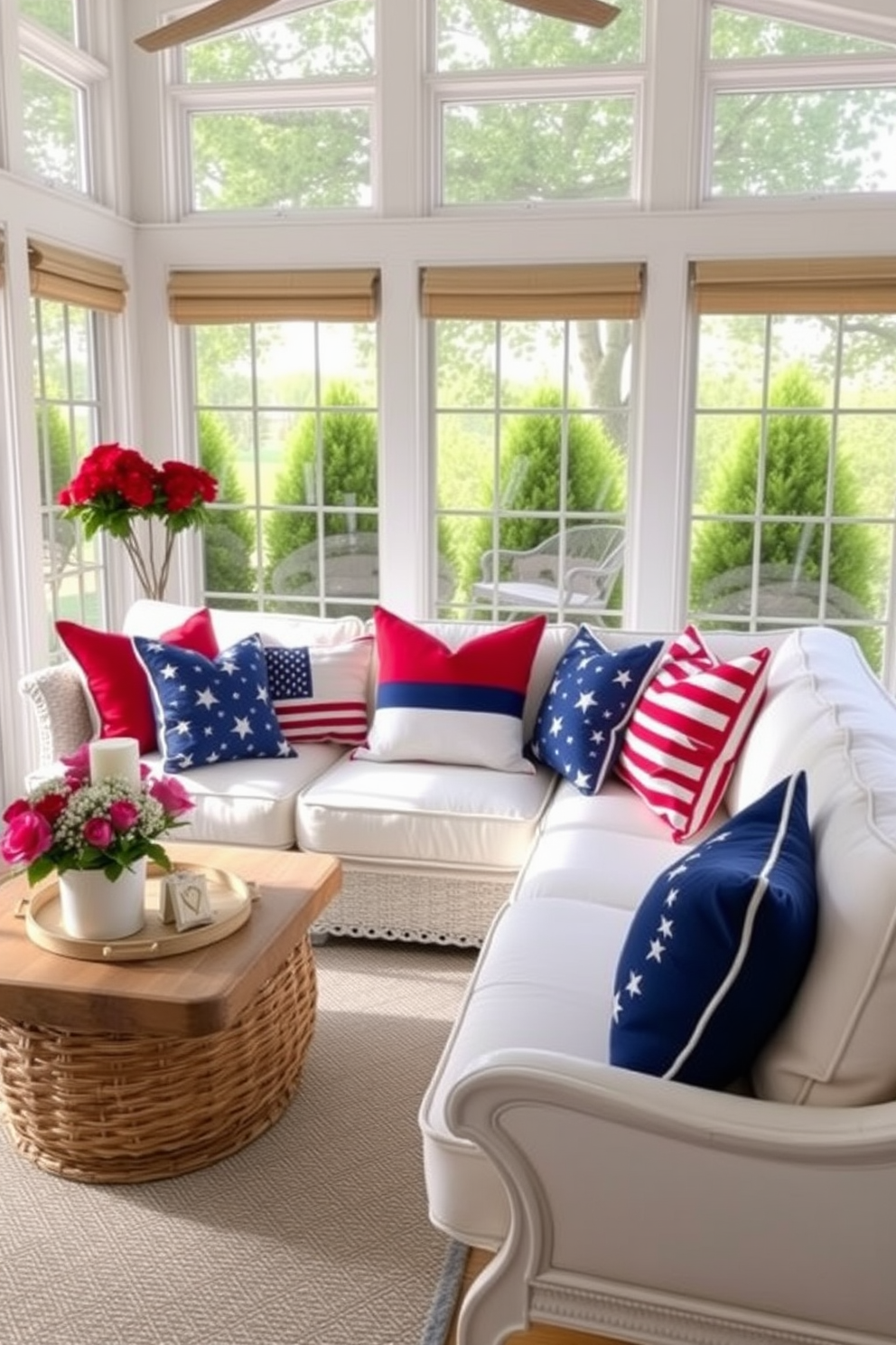 Create a cheerful sunroom adorned with red white and blue throw pillows that celebrate Independence Day. The pillows should be arranged on a cozy white sofa surrounded by large windows that let in plenty of natural light.