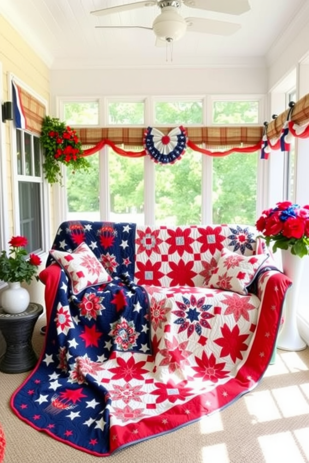 A cozy sunroom decorated for Independence Day features a patriotic quilt draped over a comfortable seating area. The quilt showcases vibrant red, white, and blue patterns, adding a festive touch to the space.