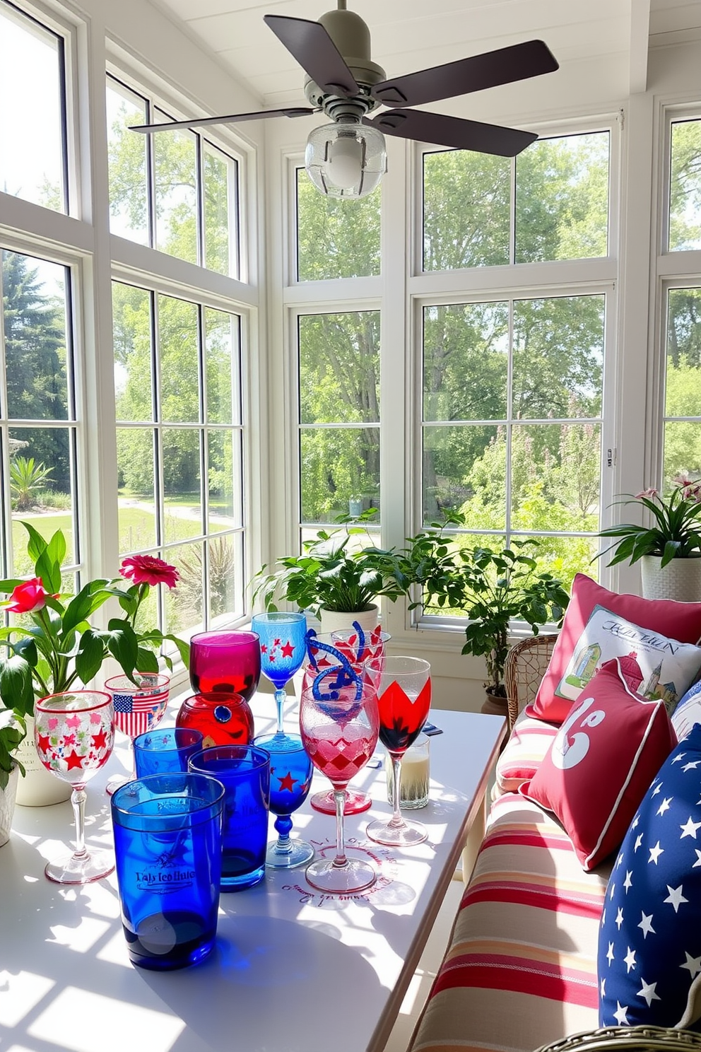 A vibrant sunroom filled with natural light features a collection of festive glassware for summer drinks. The glassware includes red, white, and blue designs perfect for celebrating Independence Day, complemented by colorful cushions on the seating.