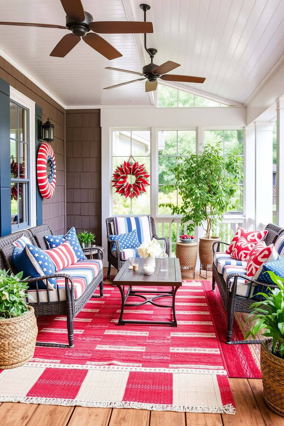 Create a vibrant sunroom that celebrates Independence Day with red white and blue outdoor rugs. Incorporate comfortable seating and festive decor that enhances the patriotic theme while providing a cozy atmosphere for gatherings.