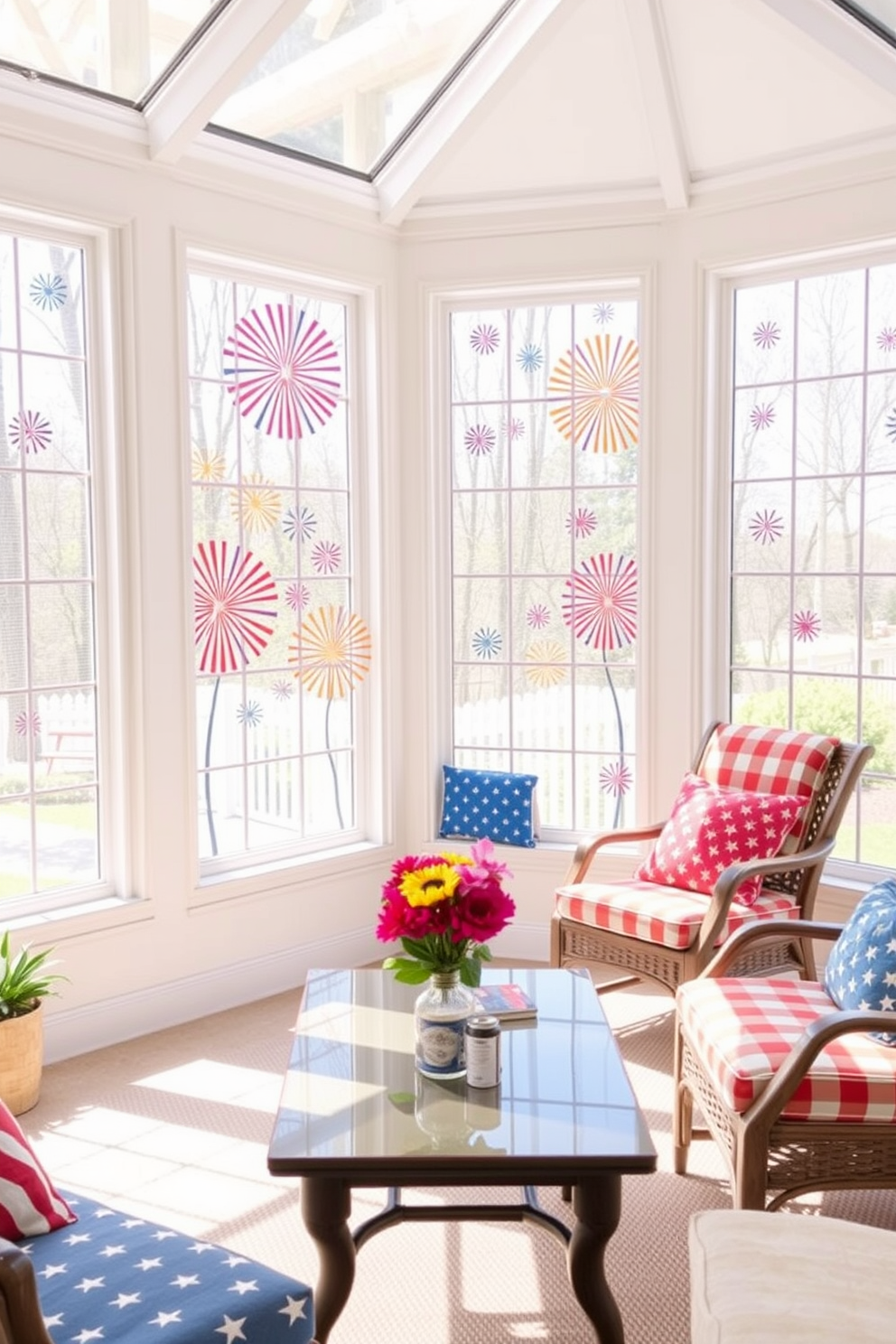 Decorative fireworks wall decals in vibrant colors adorn the walls of a bright sunroom. The sunroom features large windows that allow natural light to flood in, creating a festive atmosphere perfect for Independence Day celebrations.