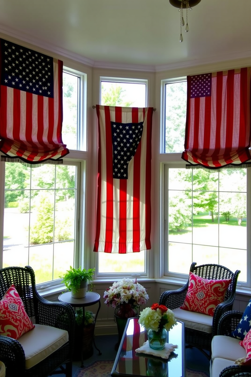 A vibrant sunroom adorned with American flag themed window treatments that flutter gently in the breeze. The space is filled with comfortable seating and patriotic decor, creating a festive atmosphere for Independence Day celebrations.