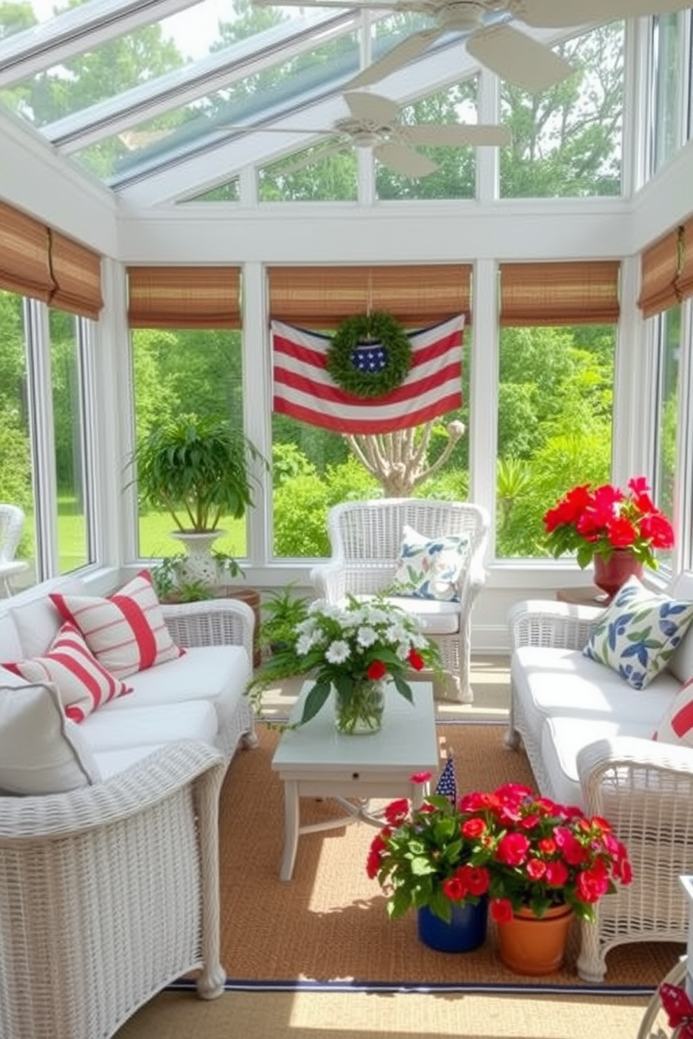 Crisp white furniture fills the sunroom, creating a bright and airy atmosphere. Accents of red, white, and blue are tastefully incorporated through decorative pillows and throws, celebrating Independence Day. Large windows allow natural light to flood the space, enhancing the cheerful decor. Potted plants in vibrant colors add a refreshing touch, complementing the overall festive theme.