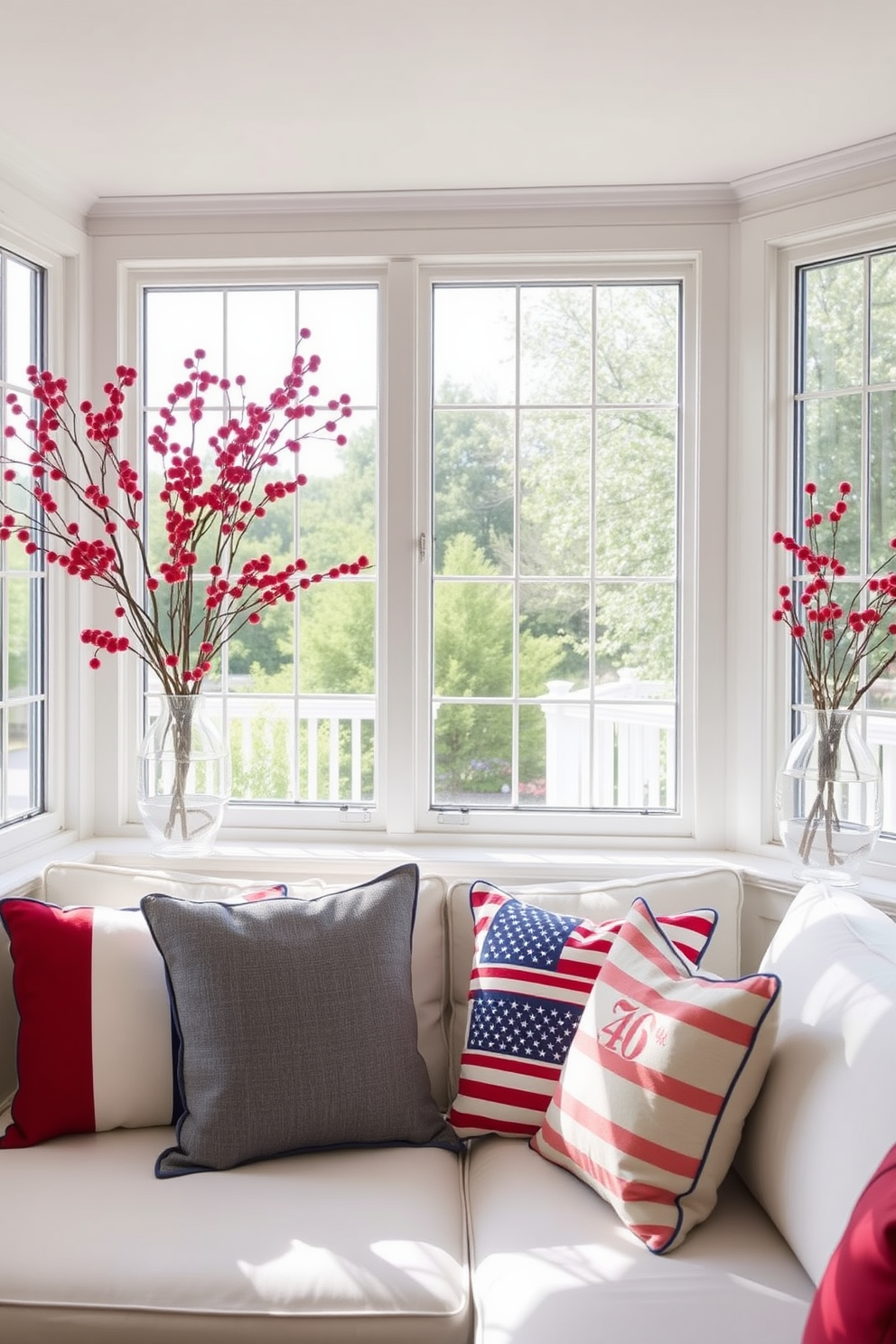 A bright sunroom filled with natural light. Red berry branches in elegant glass vases adorn the windowsills, bringing a festive touch to the space. The walls are painted in a soft white, creating a fresh and airy atmosphere. Comfortable seating with patriotic-themed cushions invites relaxation and celebration of Independence Day.