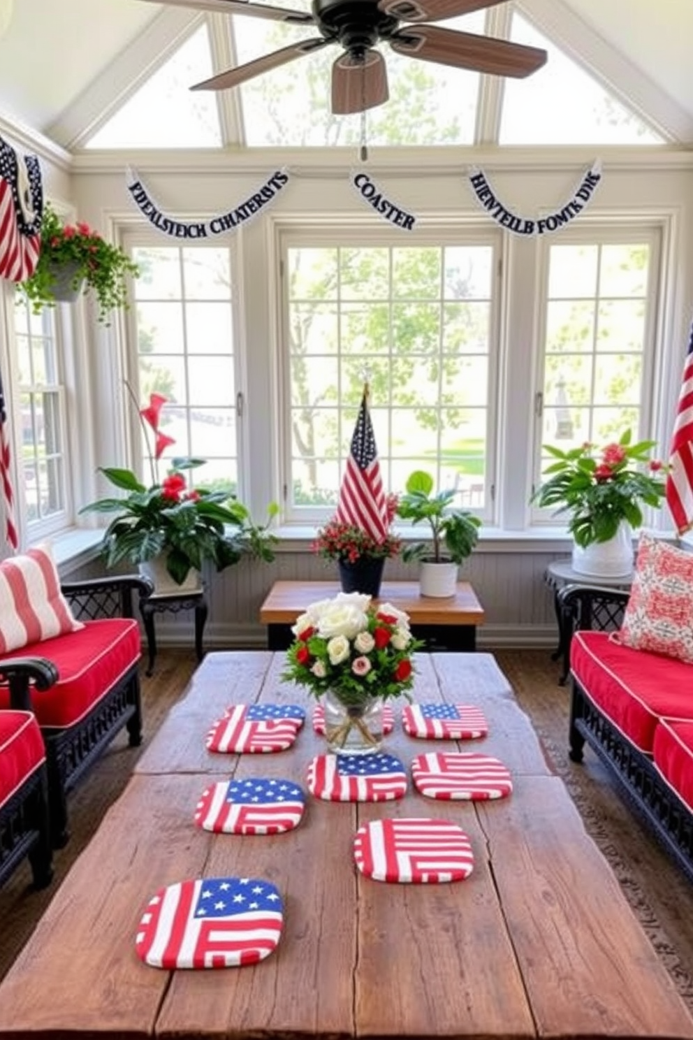 A cheerful sunroom adorned with stars and stripes themed coasters celebrates Independence Day. The coasters are placed on a rustic wooden coffee table surrounded by comfortable seating in red and white fabrics. Natural light floods the space through large windows, illuminating vibrant potted plants that add a fresh touch. Patriotic decorations, such as bunting and American flags, enhance the festive atmosphere.