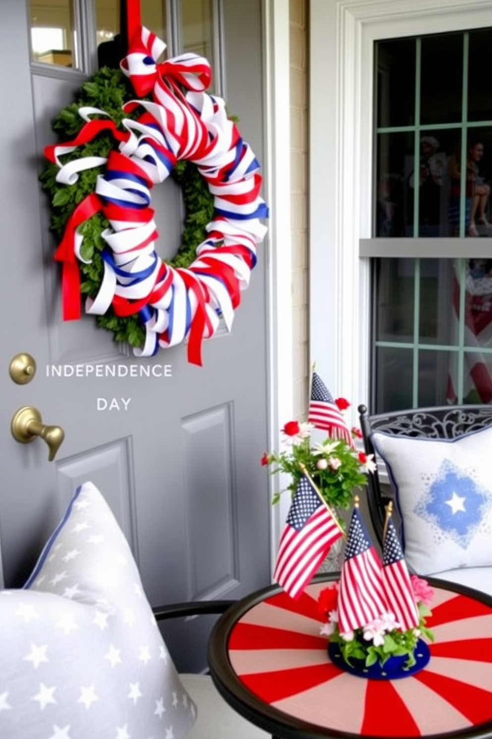 A festive wreath adorned with red white and blue ribbons hangs on the front door celebrating Independence Day. The sunroom is decorated with patriotic cushions on the seating and a table centerpiece featuring miniature flags and fresh flowers.