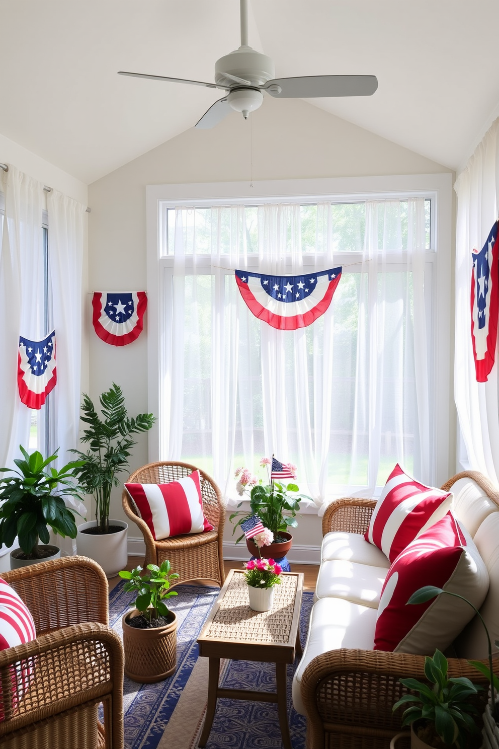 A sunroom filled with natural light features a large window adorned with sheer white curtains. The walls are decorated with star spangled banner wall art, celebrating Independence Day, creating a festive atmosphere. Comfortable seating includes a mix of wicker chairs and a cozy sofa in patriotic colors. Potted plants and red, white, and blue throw pillows enhance the cheerful decor, inviting relaxation and enjoyment.