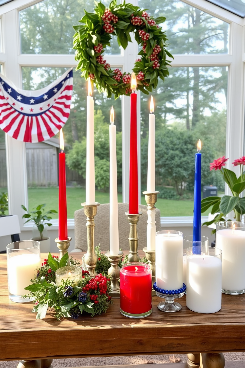 A sunroom decorated for Independence Day features an array of red white and blue candles arranged on a rustic wooden table. The candles vary in height and design, creating a festive atmosphere that celebrates the holiday spirit.