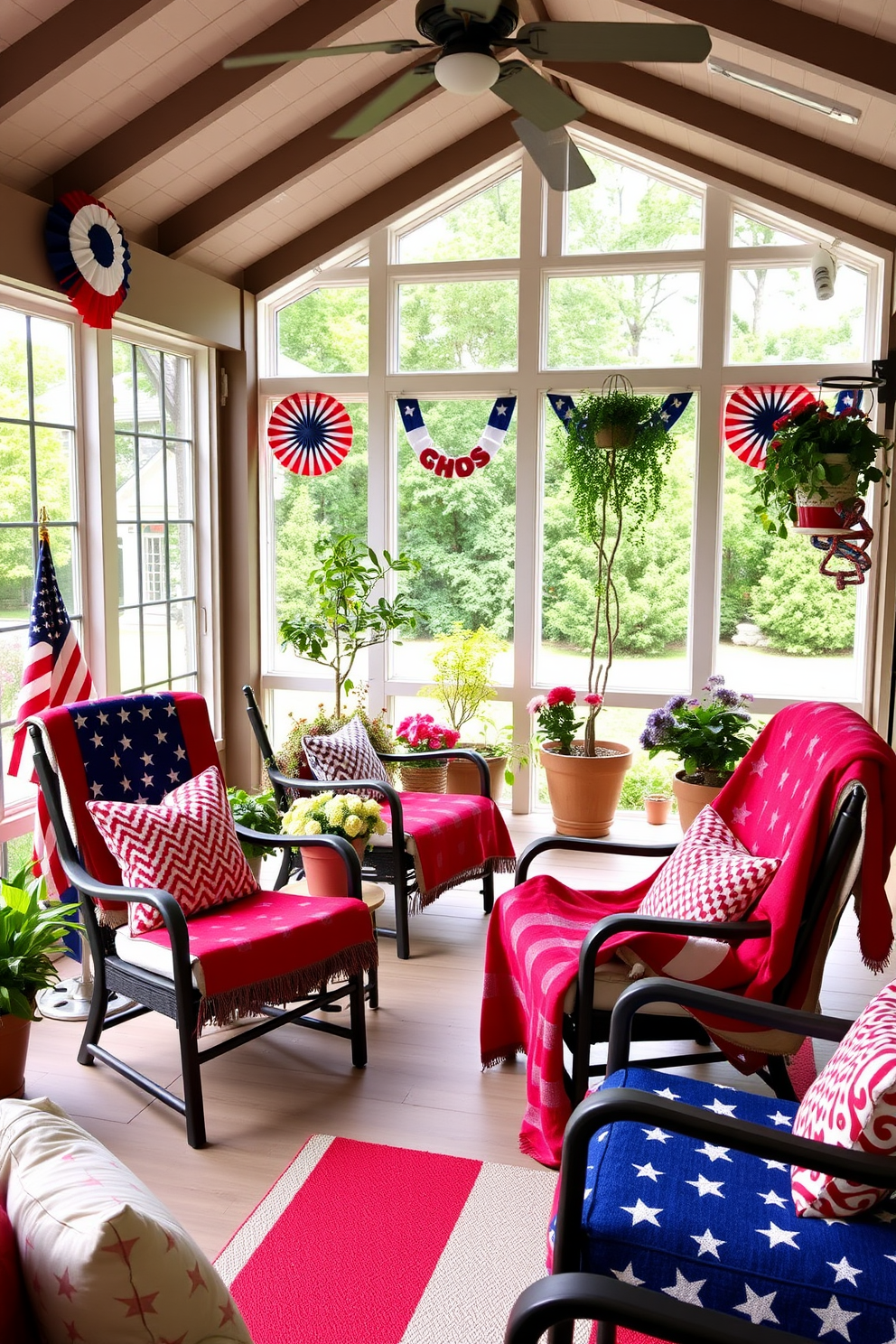 Outdoor seating area featuring comfortable chairs adorned with vibrant patriotic blankets in red, white, and blue. The sunroom is filled with natural light, showcasing potted plants and festive decorations that celebrate Independence Day.