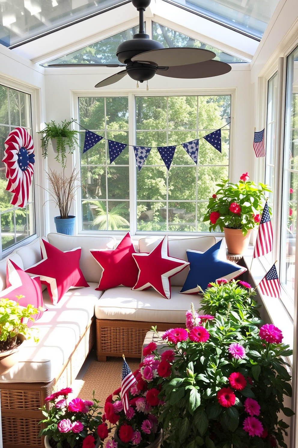 Create a sunroom filled with natural light and a cozy atmosphere. Incorporate star shaped pillows in red white and blue hues on a comfortable seating area. Add decorative elements that celebrate Independence Day such as festive banners and small American flags. Use a mix of plants and flowers to enhance the vibrant and patriotic theme of the space.