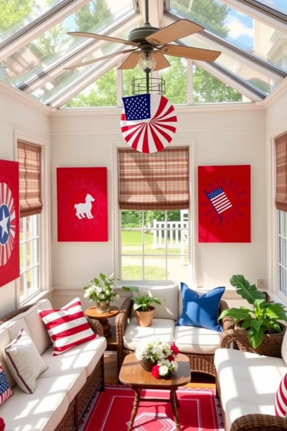 A sunroom filled with natural light showcases red white and blue themed artwork celebrating Independence Day. The walls are adorned with vibrant canvases featuring patriotic motifs while comfortable seating invites relaxation and enjoyment of the festive decor.