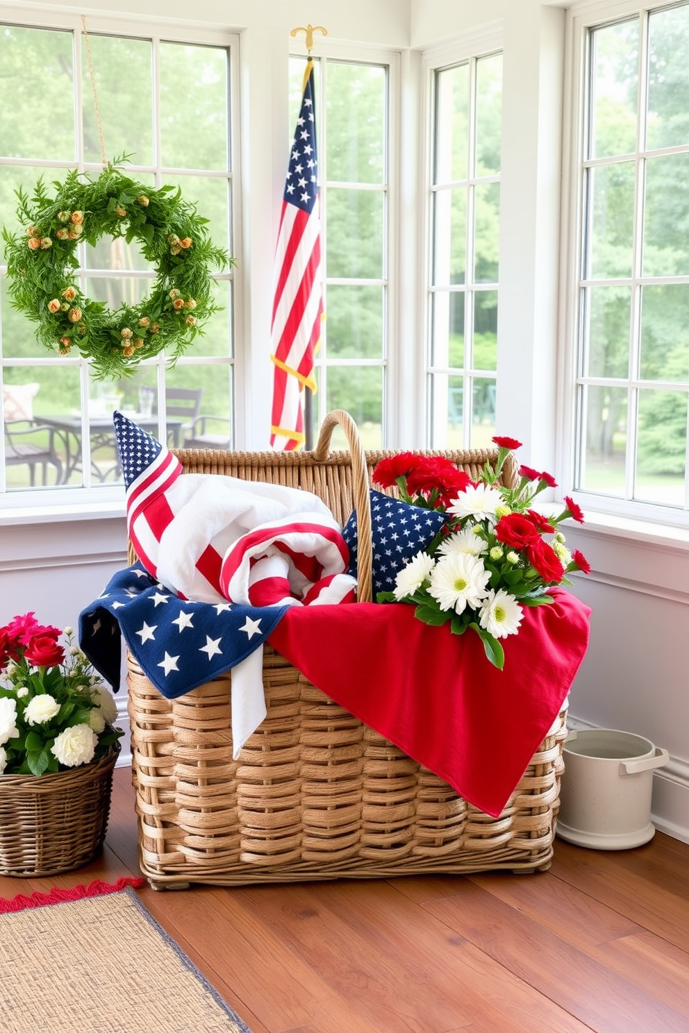 A vintage picnic basket is placed in the sunroom, filled with red white and blue blankets and seasonal flowers. The sunroom features large windows that let in natural light, creating a cheerful and festive atmosphere for Independence Day celebrations.