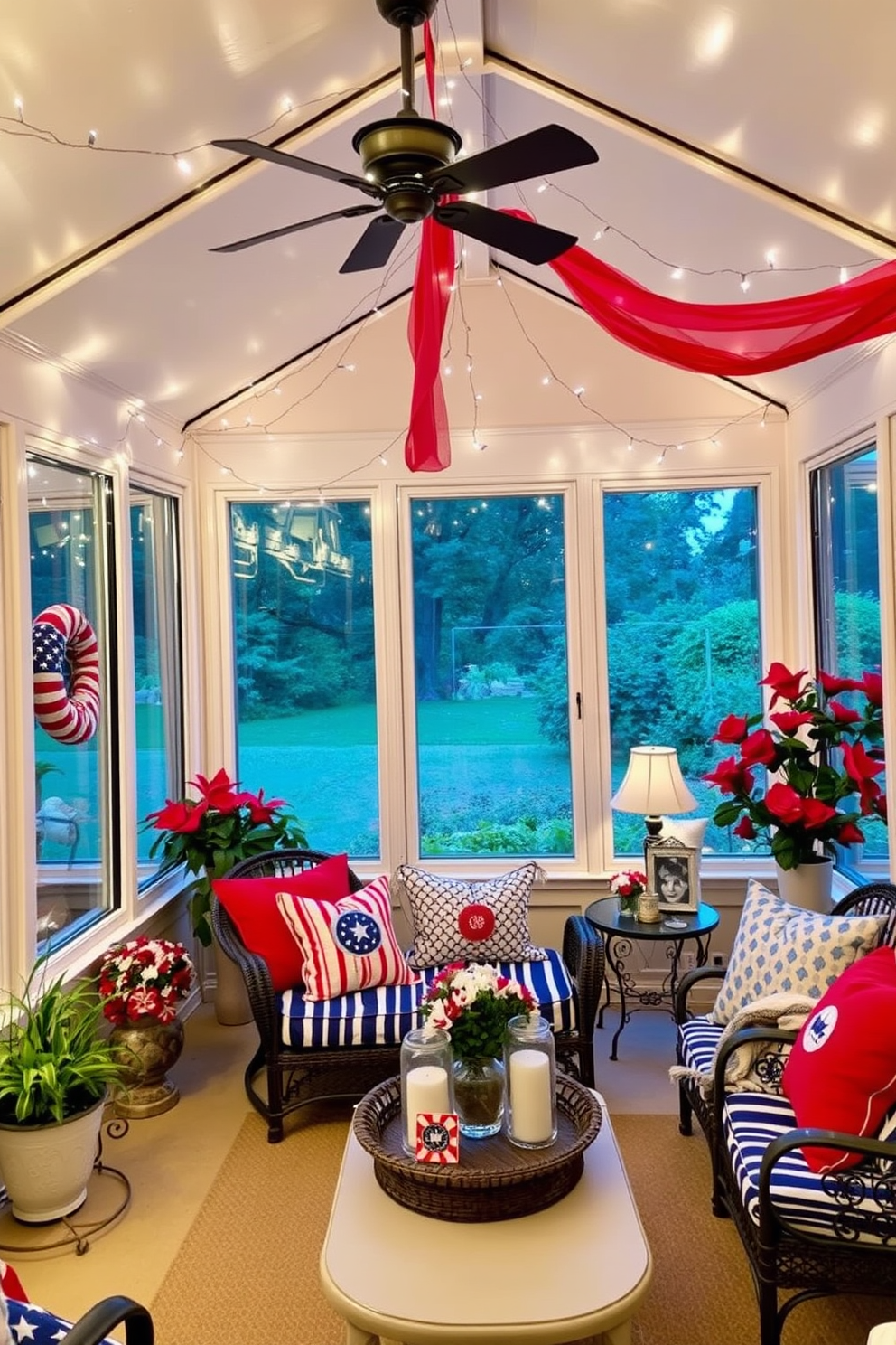 A sunroom decorated for Independence Day features patriotic themed fairy lights draped across the ceiling. The walls are adorned with red white and blue accents including cushions and table decor that celebrate the holiday spirit.