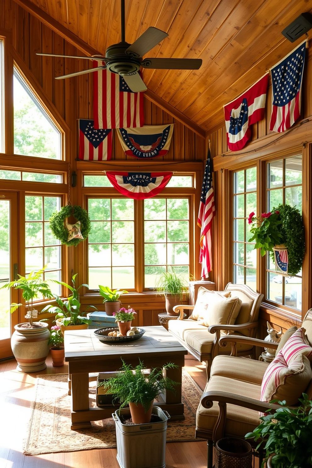 A cozy sunroom filled with rustic wooden accents creates a warm and inviting atmosphere. The walls are adorned with vintage flags celebrating Independence Day, adding a festive touch to the space. Natural light floods the room through large windows, illuminating a comfortable seating area with a wooden coffee table. Potted plants and patriotic decorations enhance the rustic charm, making it the perfect spot for relaxation and celebration.