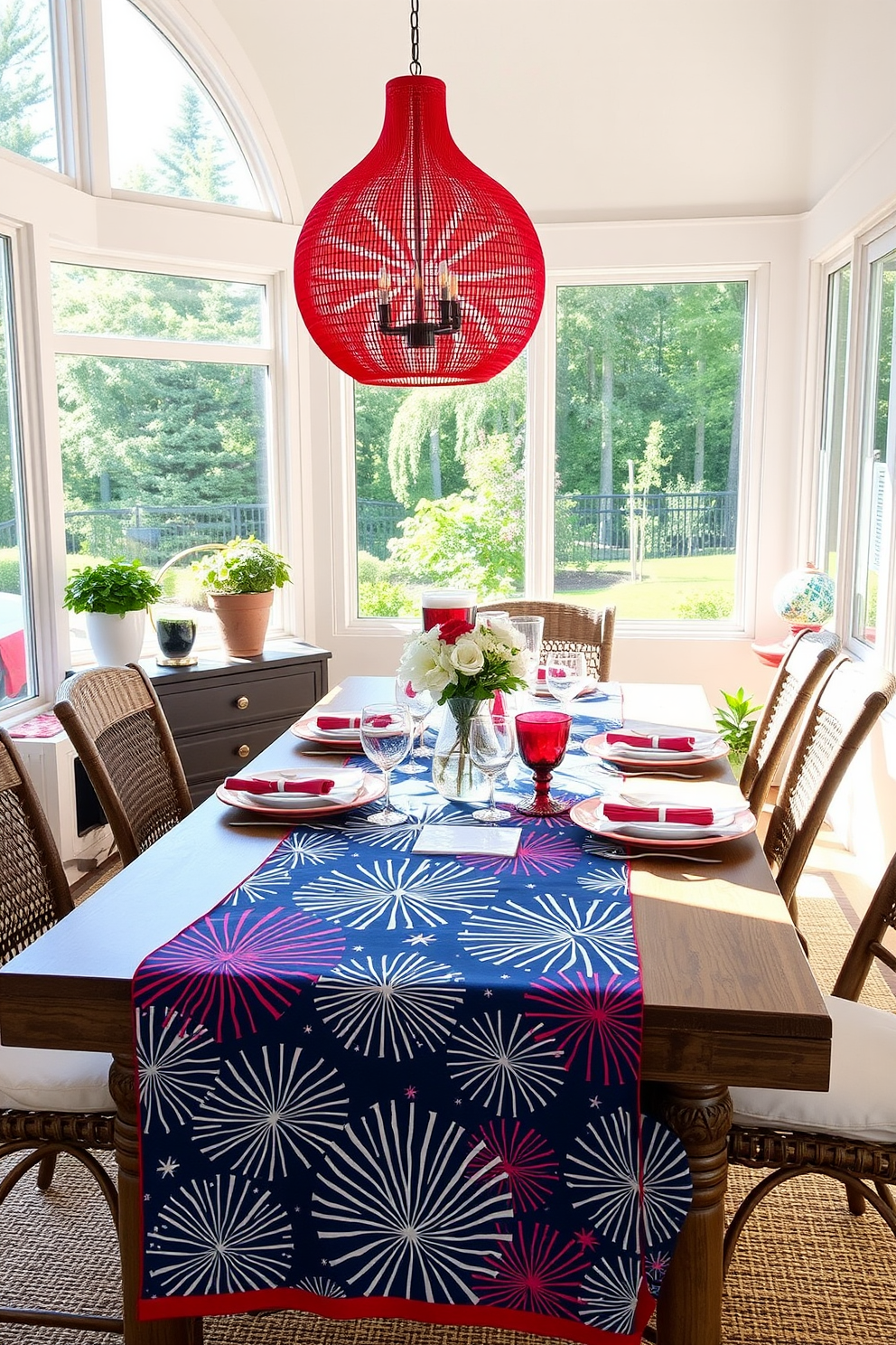 A vibrant sunroom features a fireworks patterned table runner that celebrates Independence Day. The table is set with red, white, and blue accents, creating a festive atmosphere perfect for summer gatherings.