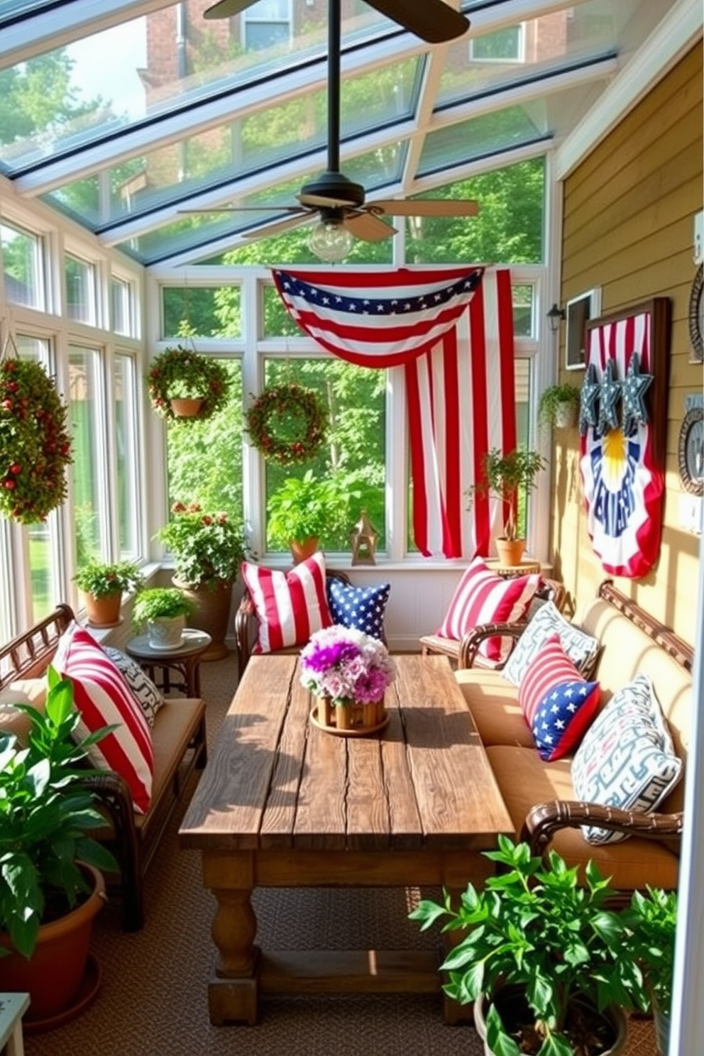 A sunroom adorned with vintage American flag decor pieces creates a festive atmosphere for Independence Day. The space features comfortable seating arranged around a rustic wooden table, with red, white, and blue throw pillows complementing the decor. Natural light floods the room through large windows, enhancing the cheerful ambiance. Potted plants and patriotic-themed wall art add a personal touch, making it a perfect gathering spot for celebrations.