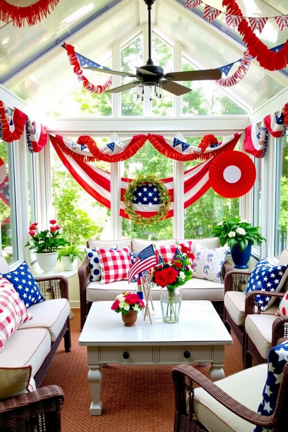 A bright and cheerful sunroom adorned with red white and blue bunting and garlands creating a festive atmosphere for Independence Day. The space features comfortable seating with patriotic throw pillows and a coffee table decorated with themed centerpieces and fresh flowers.