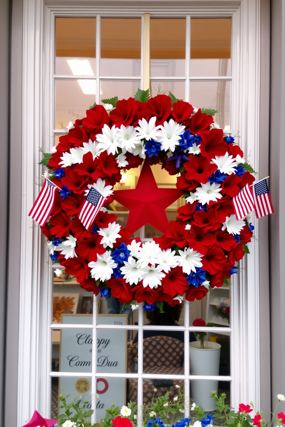 Create a vibrant Independence Day window display featuring a large patriotic wreath made of red white and blue flowers. The wreath is adorned with small American flags and hangs prominently on the window, surrounded by additional decorations that celebrate the spirit of the holiday.