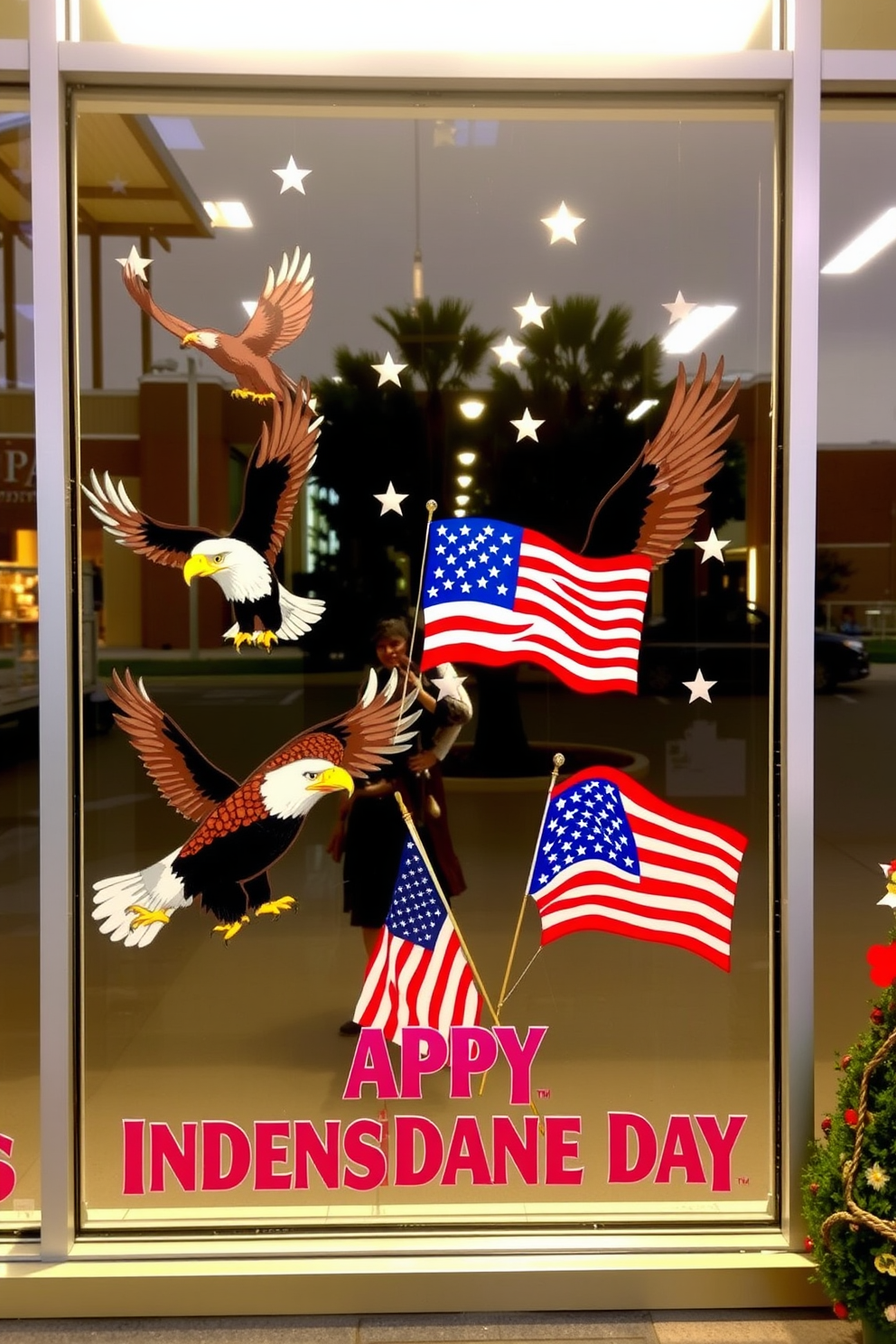 A festive window display featuring vibrant decals of eagles and American flags to celebrate Independence Day. The eagles soar majestically while the flags wave proudly, creating a patriotic atmosphere that enhances the holiday spirit.