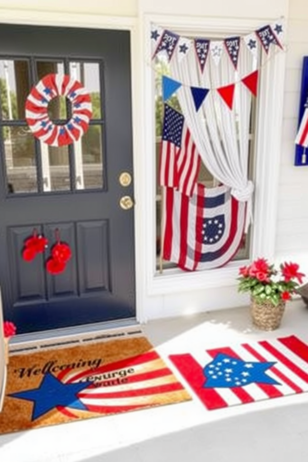 Festive doormats featuring vibrant patriotic designs that celebrate Independence Day. The doormats are adorned with stars and stripes, showcasing red, white, and blue colors to create a welcoming atmosphere. Window decorating ideas include hanging red, white, and blue bunting and flags. The windows are dressed with sheer curtains that allow natural light to filter through while enhancing the festive spirit.