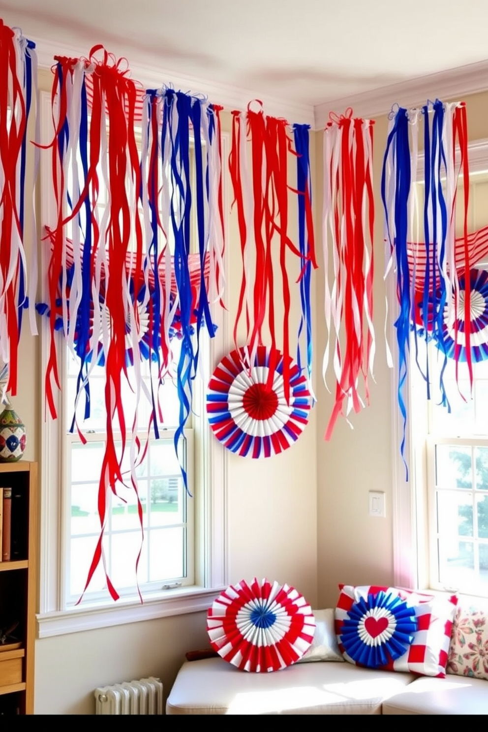 A lively room filled with colorful streamers cascading from the windows, creating a festive atmosphere. The vibrant red, white, and blue colors celebrate Independence Day, enhancing the cheerful decor.