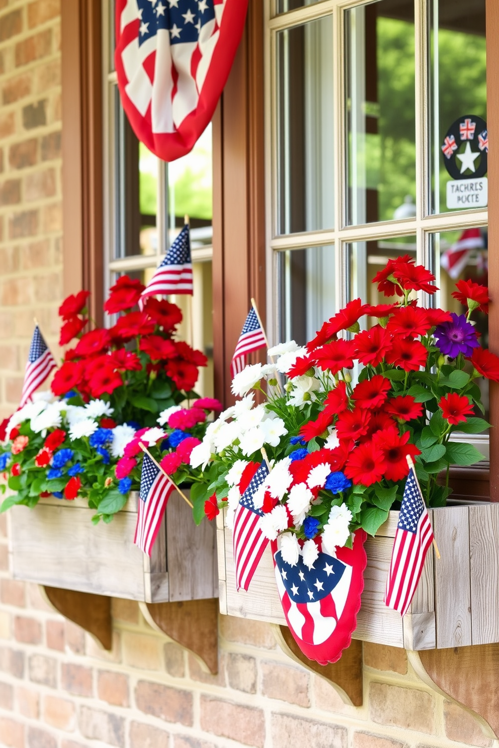 Patriotic themed window boxes filled with vibrant red white and blue flowers create a festive atmosphere for Independence Day. The window boxes are made of rustic wood with a weathered finish and are adorned with small American flags for added charm.