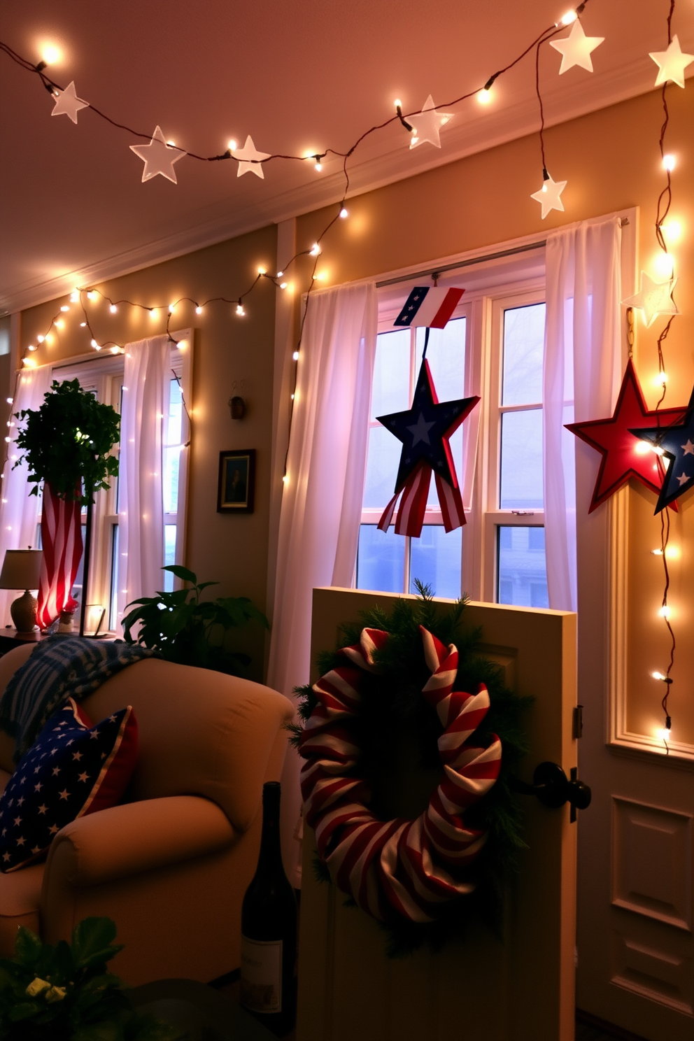 A cozy living room adorned with star shaped fairy lights draped around the windows. The warm glow of the lights enhances the patriotic decorations, featuring red white and blue accents throughout the space. The windows are framed with sheer white curtains that softly diffuse the light. A festive wreath with stars and stripes hangs prominently on the front door, inviting guests to celebrate Independence Day.