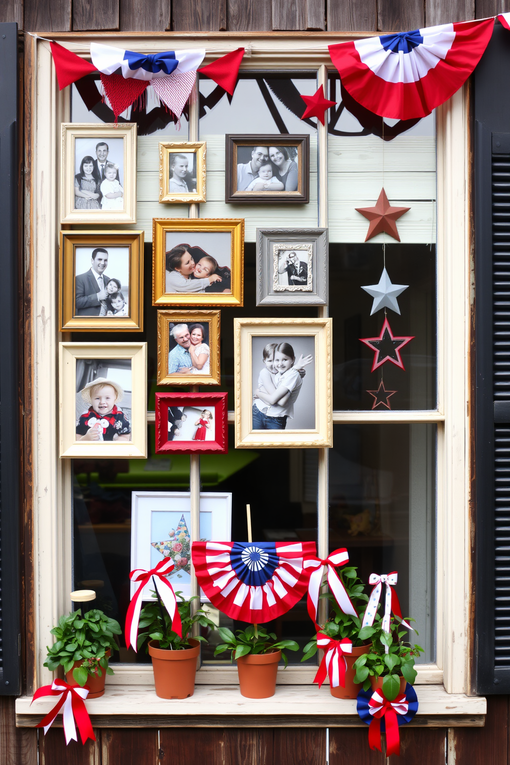 A creative photo display showcasing family memories is arranged on a rustic wooden wall. The photos are framed in a mix of vintage and modern frames, creating a gallery feel that captures the essence of family moments. For Independence Day, the window is adorned with red, white, and blue decorations. Bunting and stars hang gracefully, while potted plants with patriotic ribbons add a festive touch to the overall decor.