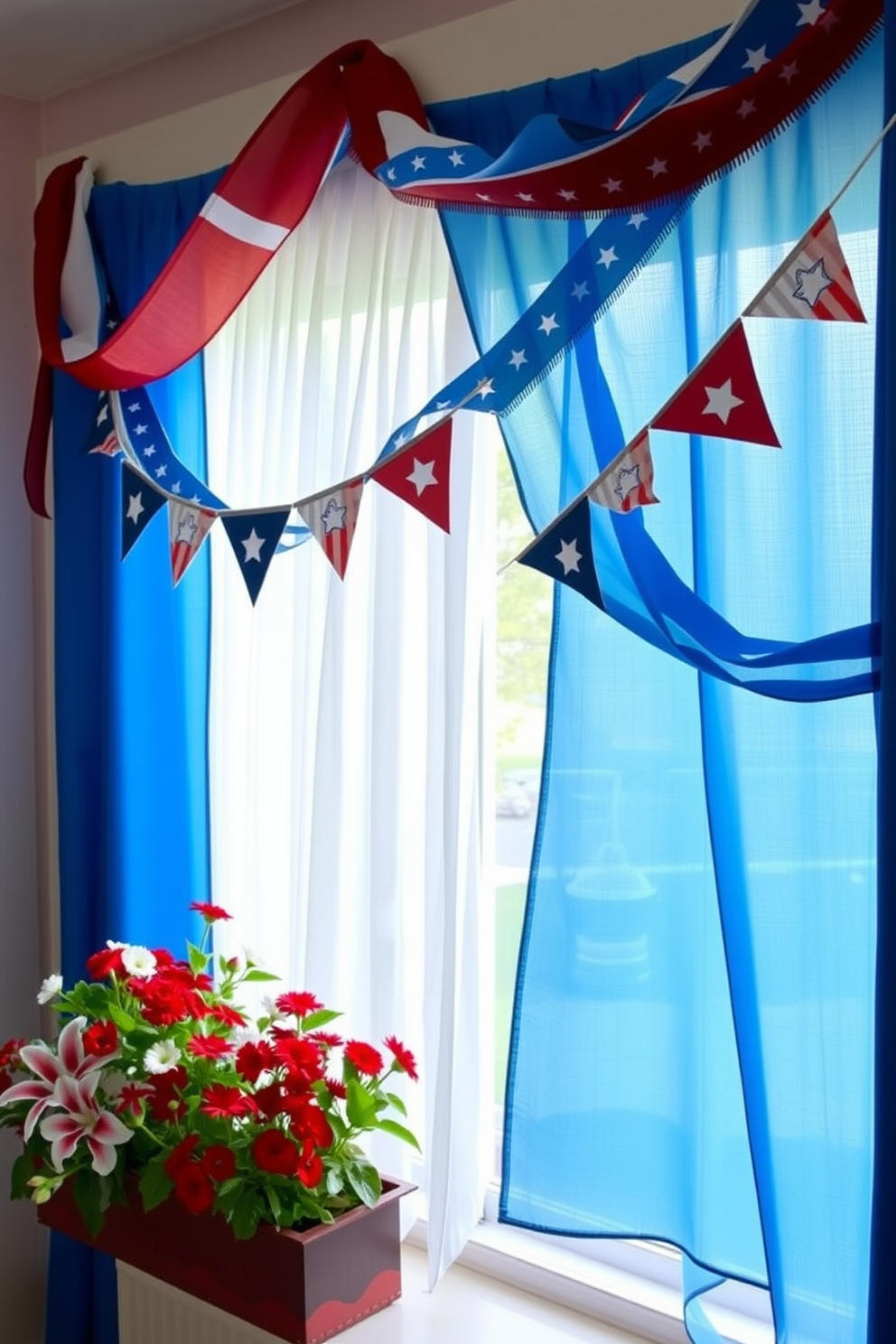 A festive Independence Day themed fabric bunting hangs across the room, showcasing vibrant red, white, and blue colors. The fabric features stars and stripes, creating a patriotic atmosphere perfect for celebrating the holiday. For window decorating ideas, a combination of sheer white curtains and bold blue drapes frames the window beautifully. Red and white flower boxes filled with seasonal blooms add a cheerful touch to the Independence Day decor.