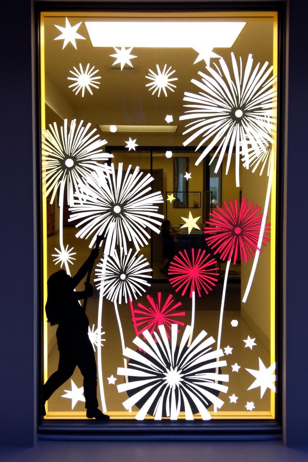 Create a festive window display featuring silhouettes of fireworks in various shapes and sizes. The design should evoke a sense of celebration for Independence Day, incorporating vibrant colors and dynamic patterns that capture the excitement of the holiday.